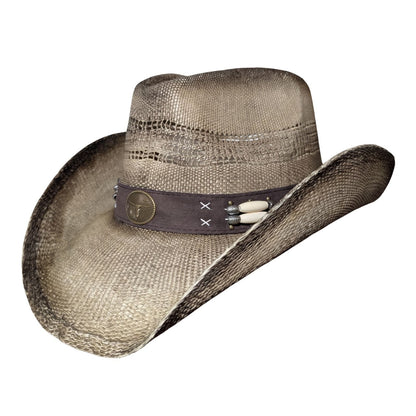 Beaded Longhorn Cowboy Hat - side view showing sun-washed straw, vented crown, and brown suede band with brass longhorn medallion and bone beads