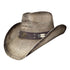 Beaded Longhorn Cowboy Hat - side view showing sun-washed straw, vented crown, and brown suede band with brass longhorn medallion and bone beads