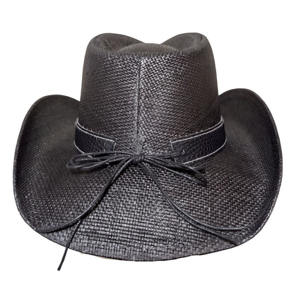 Black Outlaw Cowboy Hat by Redneck Legends — back view with black cord tie bow on croc-embossed band and cattleman crease crown