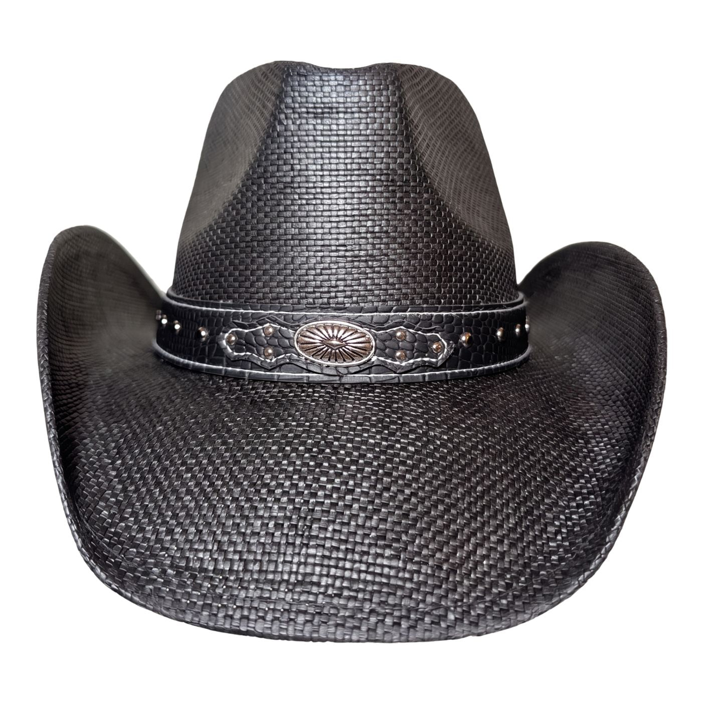 Black Outlaw Cowboy Hat by Redneck Legends — front view showing silver sunburst concho, silver studs and white contrast stitching on croc-embossed black band