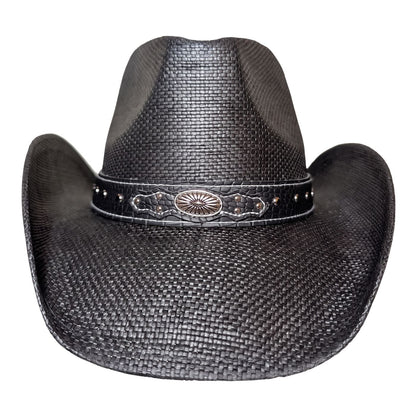 Black Outlaw Cowboy Hat by Redneck Legends — front view showing silver sunburst concho, silver studs and white contrast stitching on croc-embossed black band