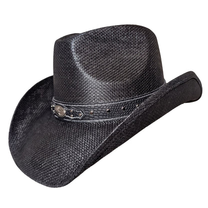Black Outlaw Cowboy Hat by Redneck Legends — side view of black woven straw cowboy hat with croc-embossed vegan-leather band, silver sunburst concho and studs, curled Western brim