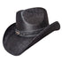 Black Outlaw Cowboy Hat by Redneck Legends — side view of black woven straw cowboy hat with croc-embossed vegan-leather band, silver sunburst concho and studs, curled Western brim