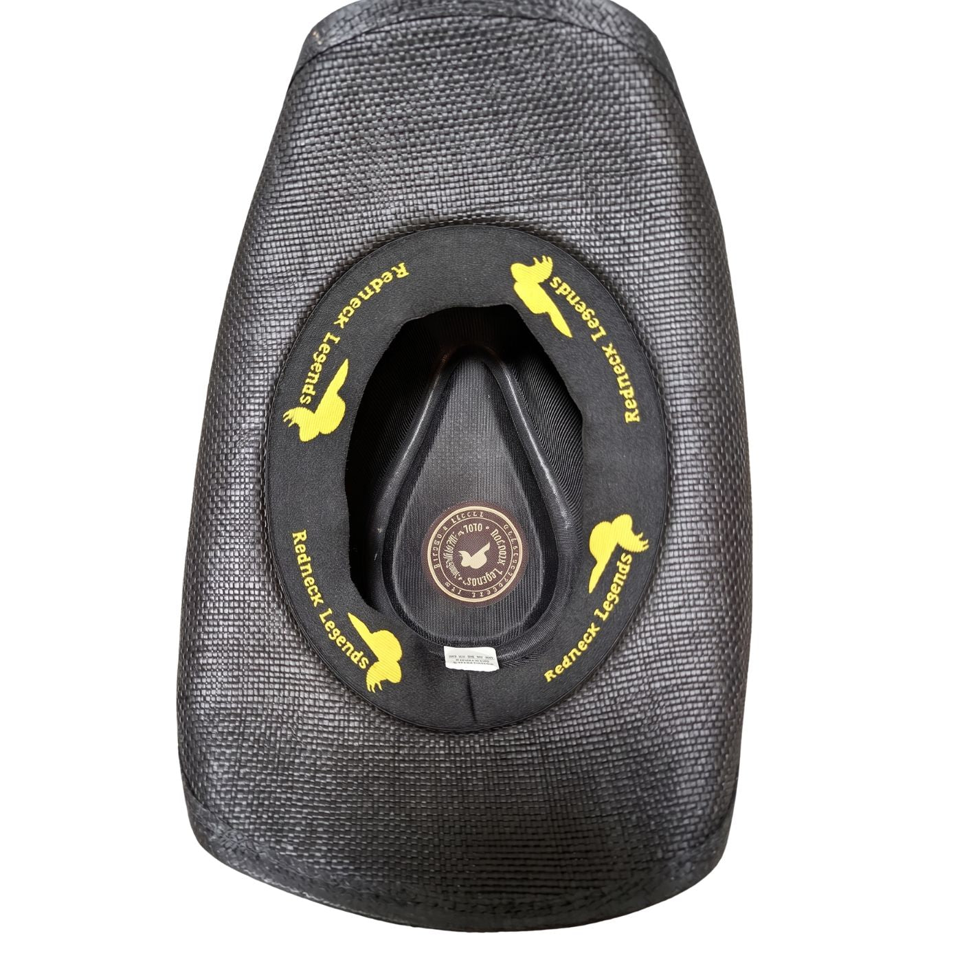 Black Outlaw Cowboy Hat by Redneck Legends — interior view of branded sweatband, one-size flex fit 59 cm, 100% paper construction