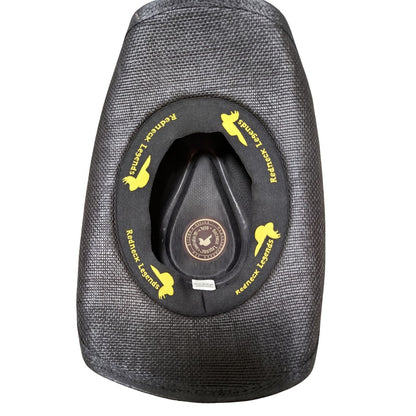 Black Outlaw Cowboy Hat by Redneck Legends — interior view of branded sweatband, one-size flex fit 59 cm, 100% paper construction