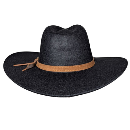 Black Western Fedora Hat by Redneck Legends — deep black suede-look fedora with a pinched crown, wide flat brim, and a stitched leather band with buckle