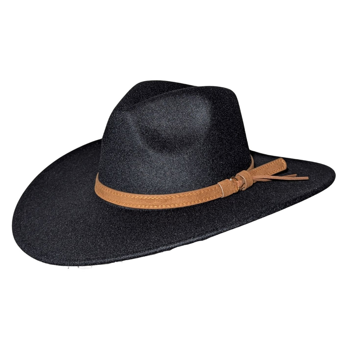 Black Western Fedora Hat by Redneck Legends — deep black suede-look fedora with a pinched crown, wide flat brim, and a stitched leather band with buckle
