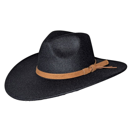 Black Western Fedora Hat by Redneck Legends — deep black suede-look fedora with a pinched crown, wide flat brim, and a stitched leather band with buckle
