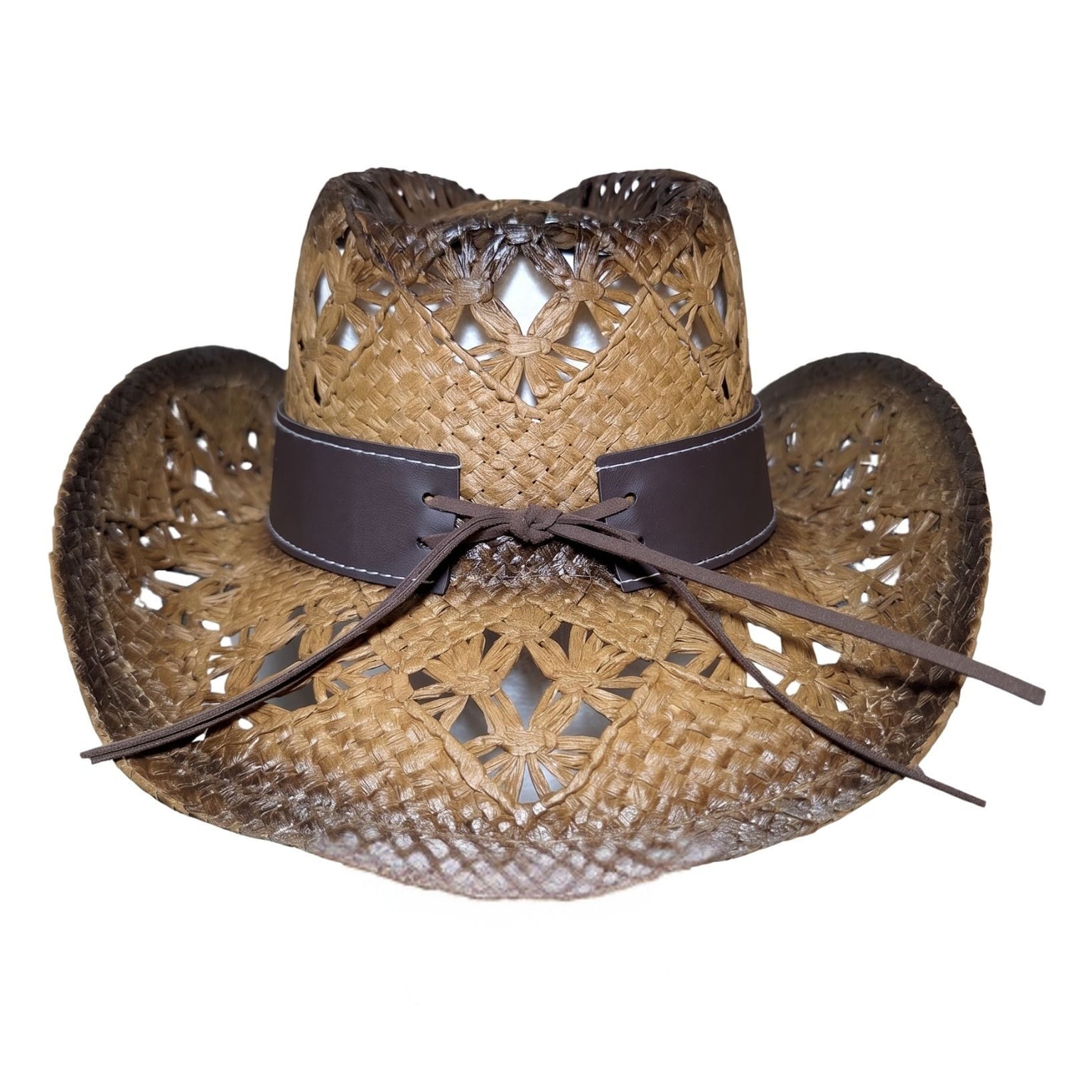 Brown Embroidered Wicker Cowboy Hat by Redneck Legends — back view with laced leather band tie and open floral lattice weave