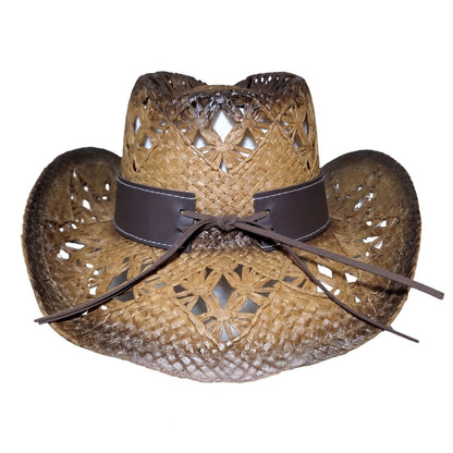 Brown Embroidered Wicker Cowboy Hat by Redneck Legends — back view with laced leather band tie and open floral lattice weave