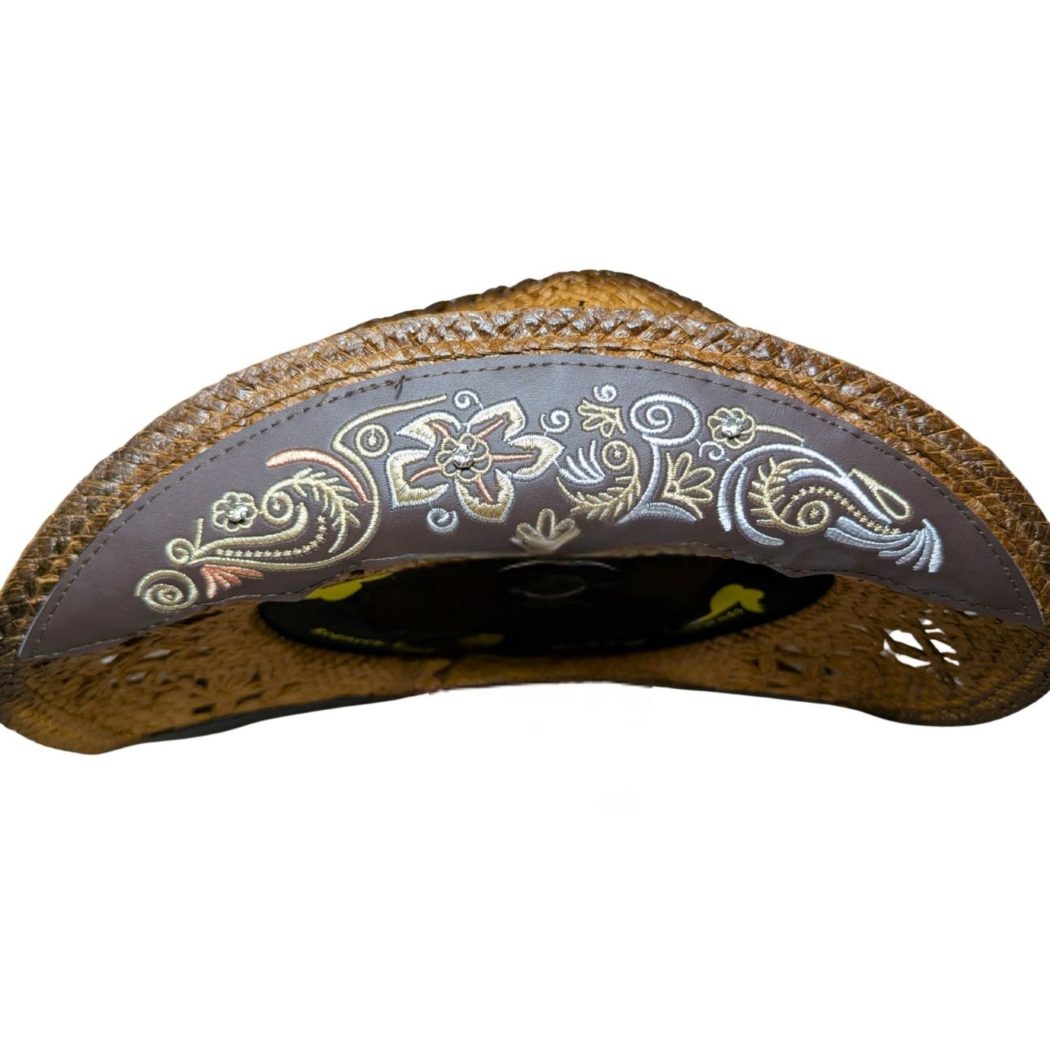 Brown Embroidered Wicker Cowboy Hat by Redneck Legends — close-up of silver and copper floral embroidery with crystal accents on the leather brim panel