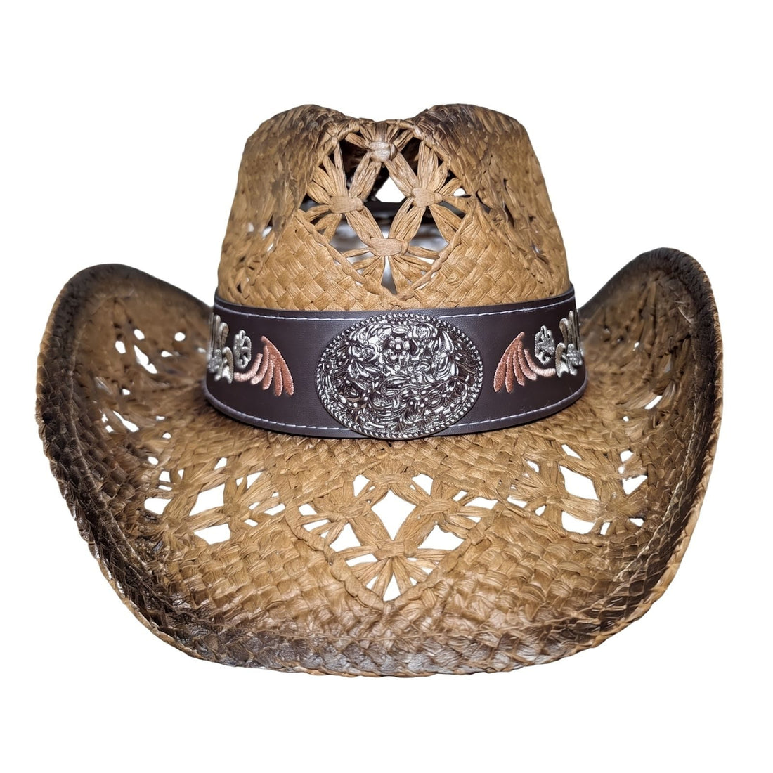 Brown Embroidered Wicker Cowboy Hat by Redneck Legends — front view with ornate silver filigree concho and floral scrollwork embroidery on the dark brown band