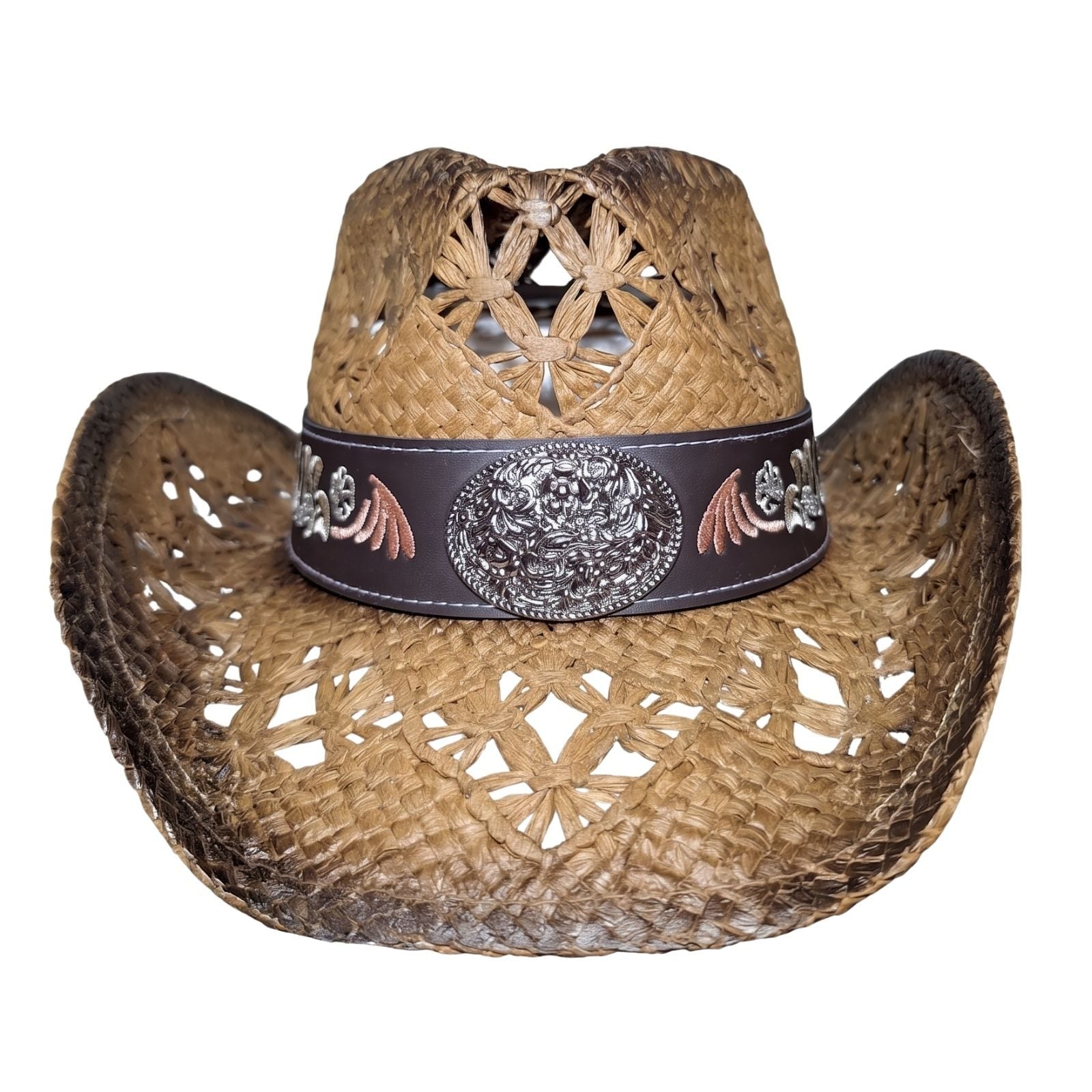 Brown Embroidered Wicker Cowboy Hat by Redneck Legends — front view with ornate silver filigree concho and floral scrollwork embroidery on the dark brown band