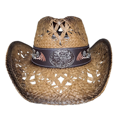 Brown Embroidered Wicker Cowboy Hat by Redneck Legends — front view with ornate silver filigree concho and floral scrollwork embroidery on the dark brown band