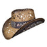 Brown Embroidered Wicker Cowboy Hat by Redneck Legends — side view of antiqued two-tone brown open lattice straw with embroidered leather band and brim panel