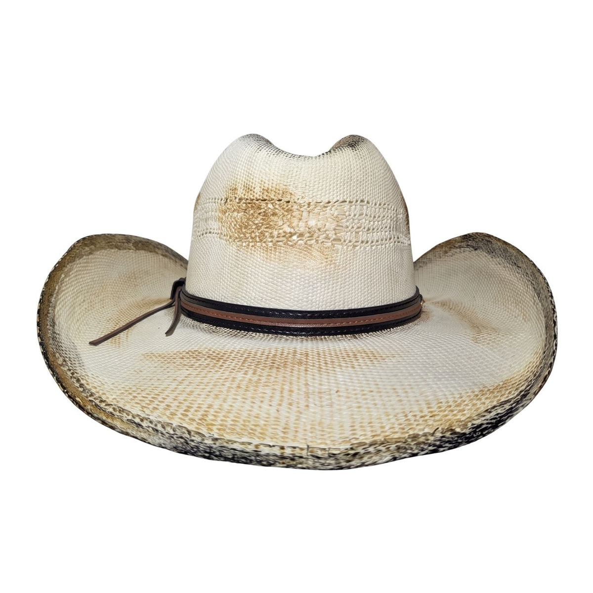 Ivory Scorched Vented Cowboy Hat - back view with brown tie cord