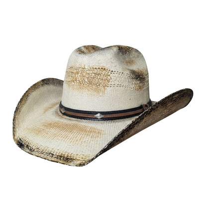 Ivory Scorched Vented Cowboy Hat - front view with vented crown and slim black and brown leather band