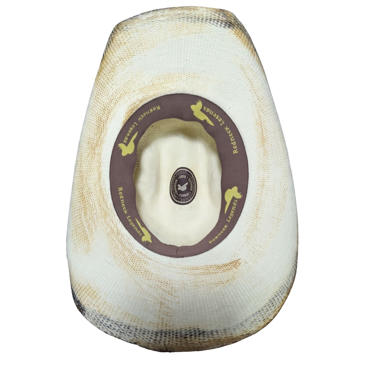 Ivory Scorched Vented Cowboy Hat - underneath view showing scorched underbrim and Redneck Legends sweatband