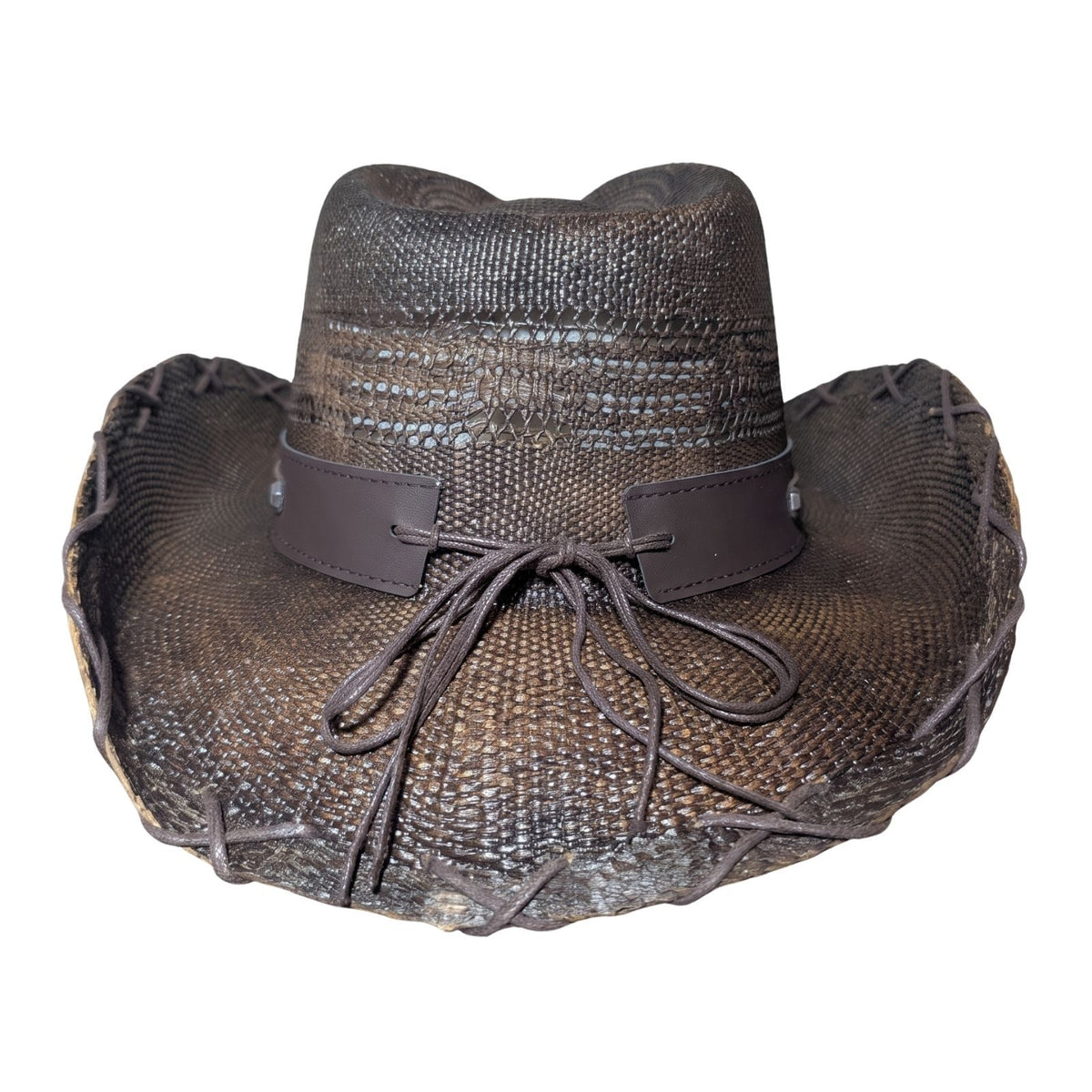 Longhorn Laced Brim Cowboy Hat - back view with laced brim edge and brown tie cord