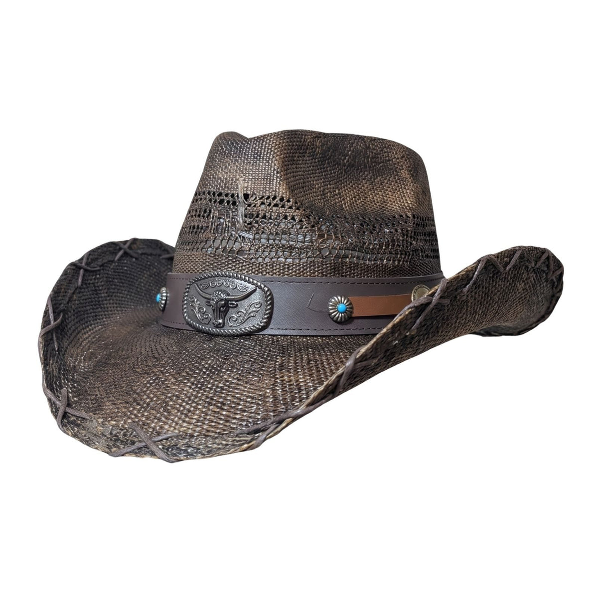 Longhorn Laced Brim Cowboy Hat - front view with antique-silver longhorn concho and turquoise-dot studs