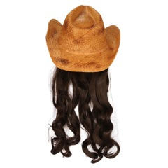 Billy Curlington Distressed Straw Cowboy Hat with Curly Black Hair