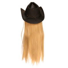 Black Bull Cowboy Hat with Long Blonde Hair