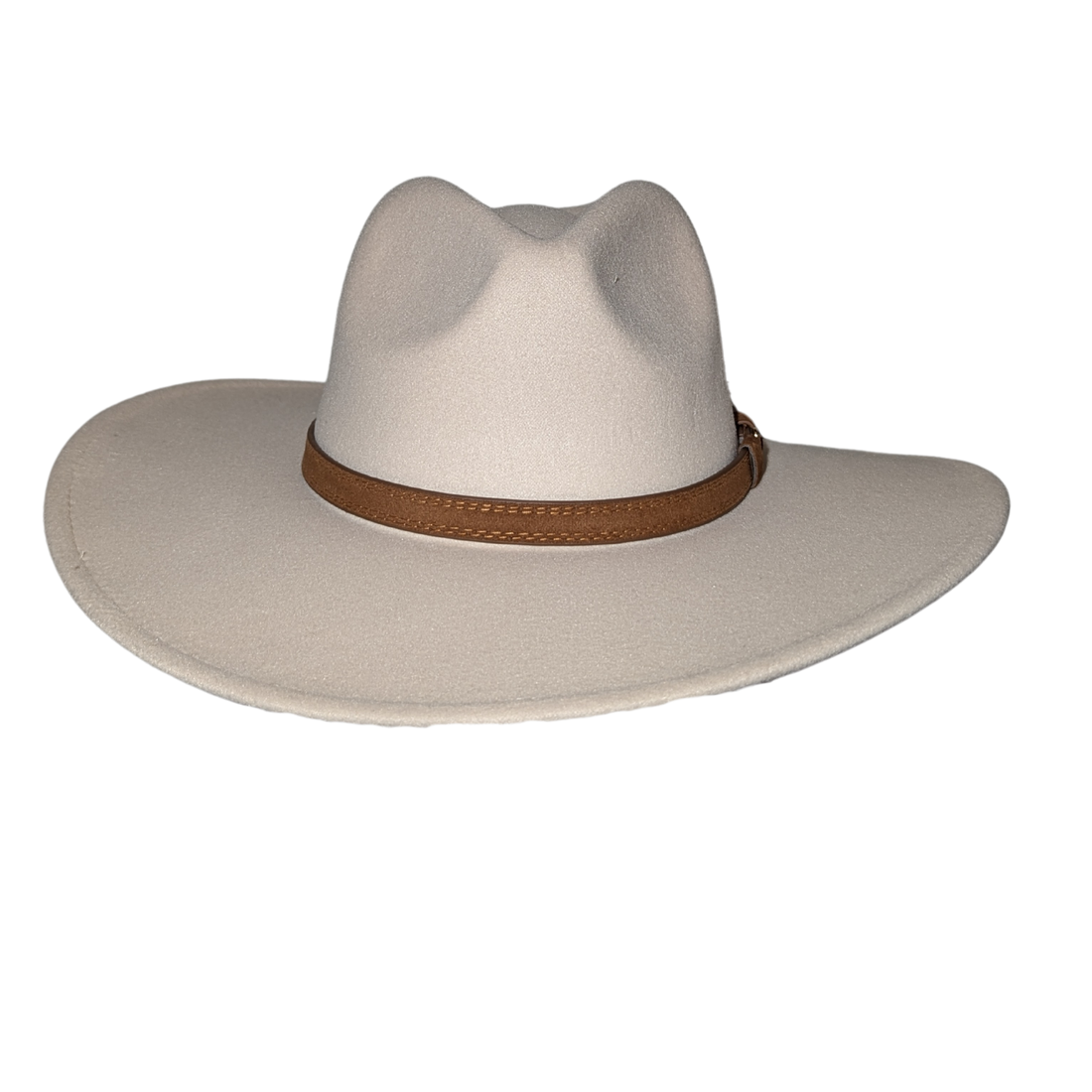 Ivory Western Fedora Hat by Redneck Legends — creamy ivory suede-look fedora with a pinched crown, wide flat brim, and a stitched brown leather band with buckle