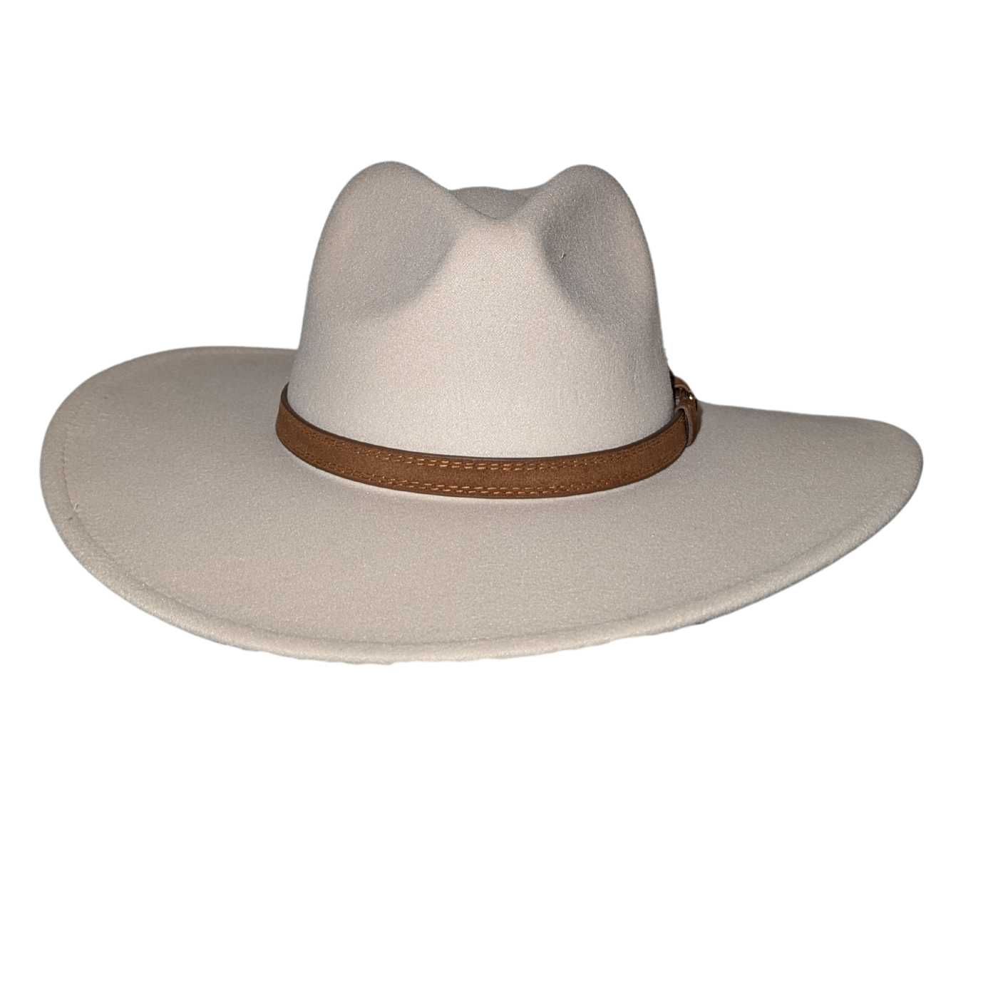 Ivory Western Fedora Hat by Redneck Legends — creamy ivory suede-look fedora with a pinched crown, wide flat brim, and a stitched brown leather band with buckle