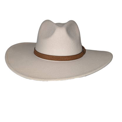 Ivory Western Fedora Hat by Redneck Legends — creamy ivory suede-look fedora with a pinched crown, wide flat brim, and a stitched brown leather band with buckle