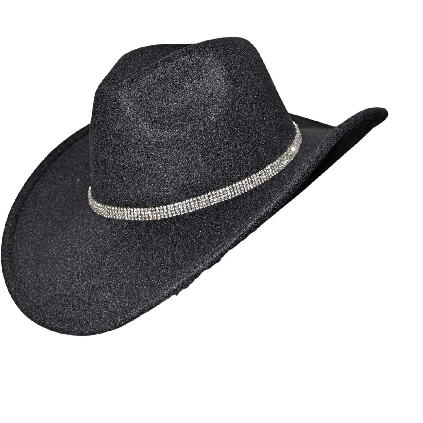 Black Studded Designer Band cowboy hat by Redneck Legends — black suede-look hat with a sparkling rhinestone-studded crown band