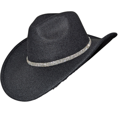 Black Studded Designer Band cowboy hat by Redneck Legends — black suede-look hat with a sparkling rhinestone-studded crown band