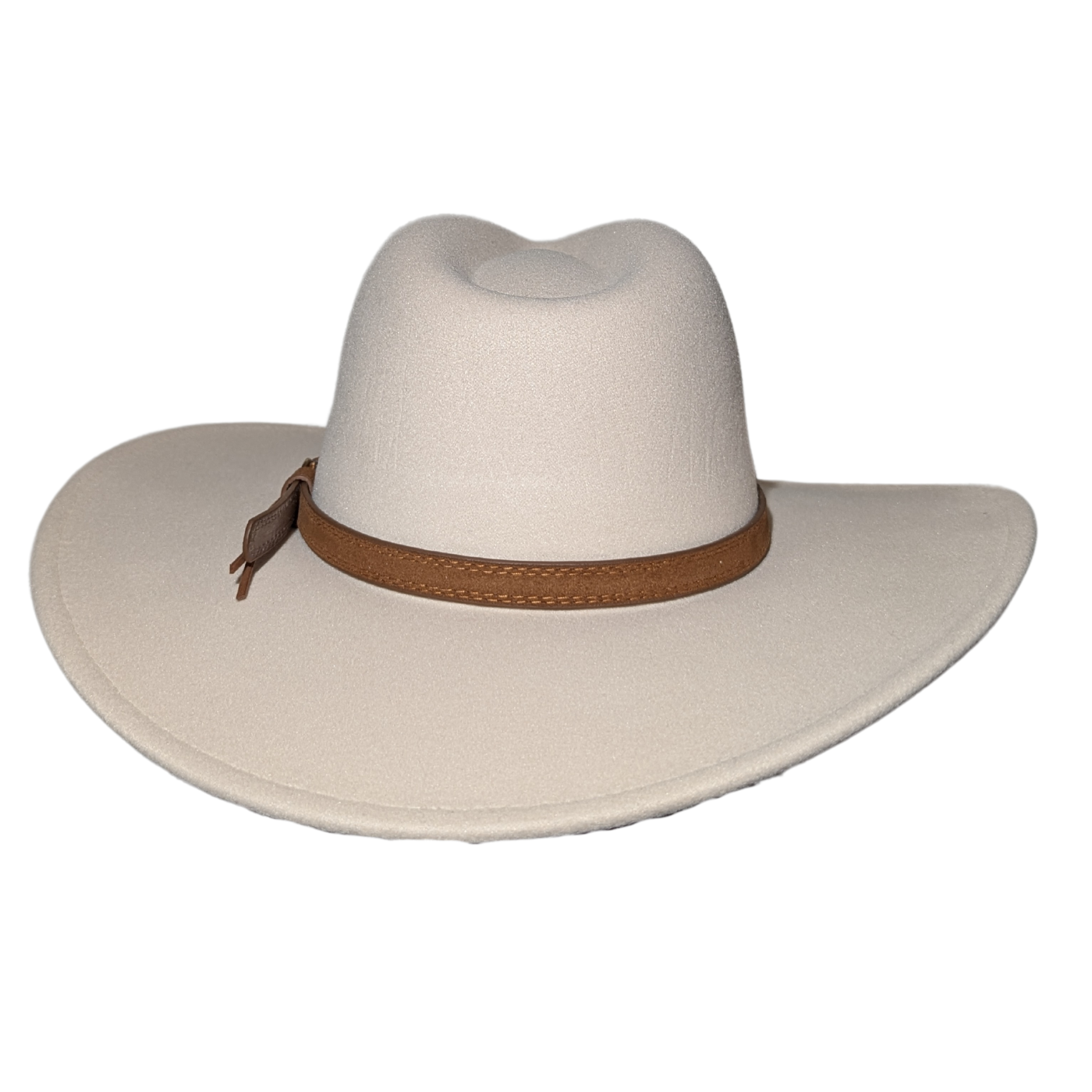 Ivory Western Fedora Hat by Redneck Legends — creamy ivory suede-look fedora with a pinched crown, wide flat brim, and a stitched brown leather band with buckle