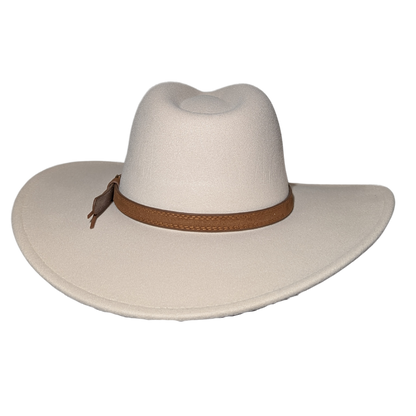 Ivory Western Fedora Hat by Redneck Legends — creamy ivory suede-look fedora with a pinched crown, wide flat brim, and a stitched brown leather band with buckle
