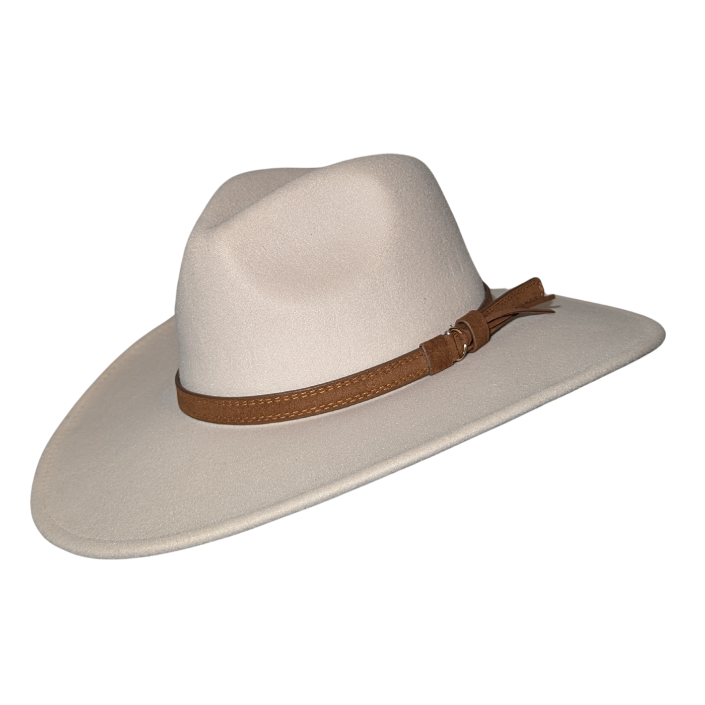 Ivory Western Fedora Hat by Redneck Legends — creamy ivory suede-look fedora with a pinched crown, wide flat brim, and a stitched brown leather band with buckle