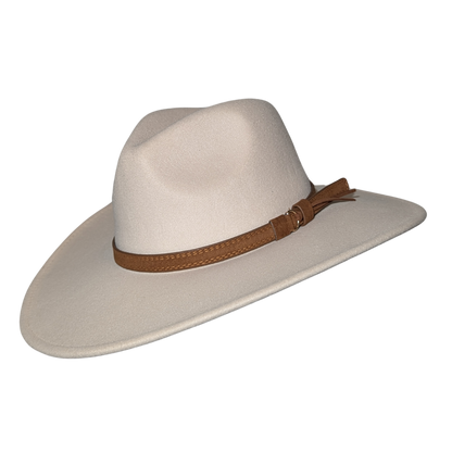 Ivory Western Fedora Hat by Redneck Legends — creamy ivory suede-look fedora with a pinched crown, wide flat brim, and a stitched brown leather band with buckle