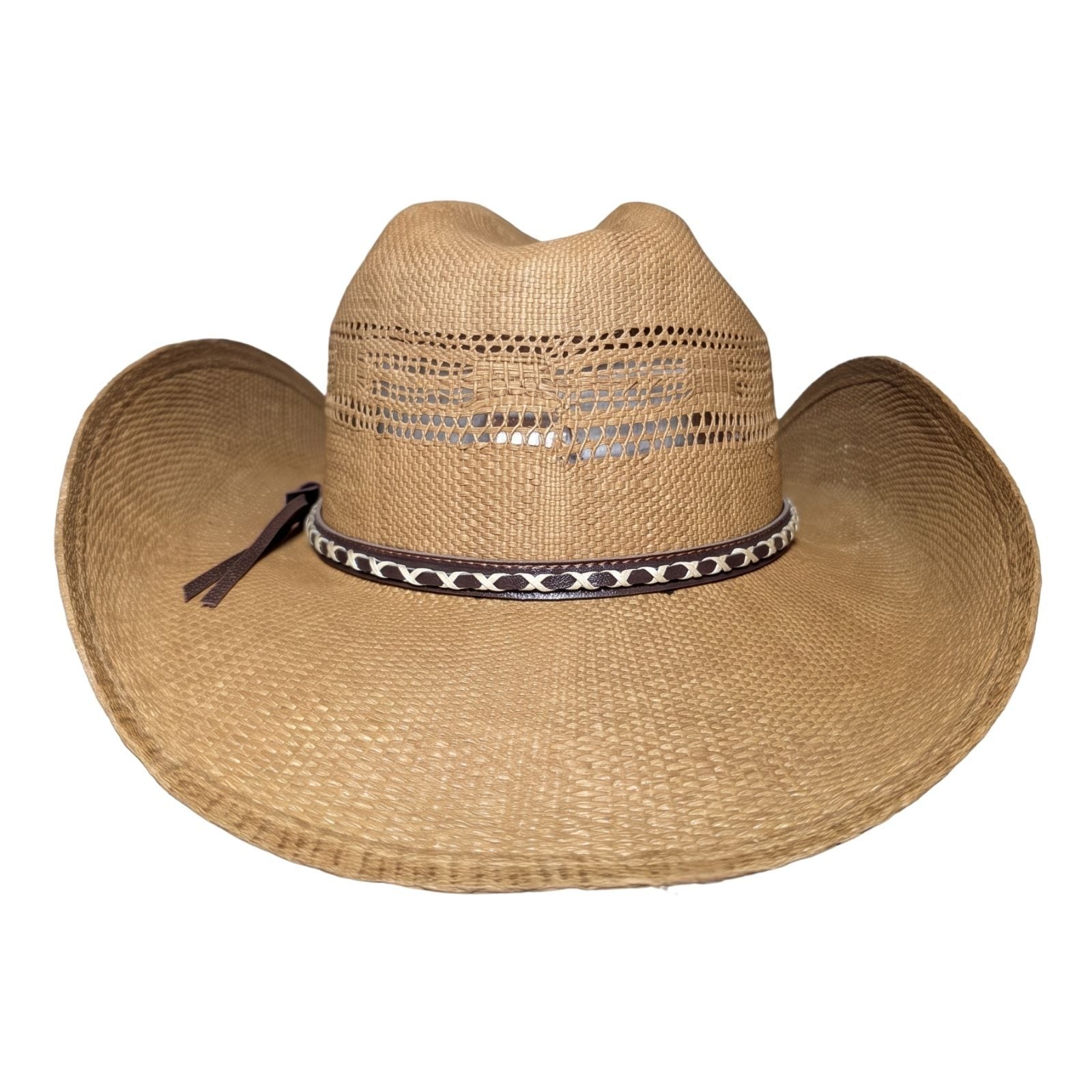 Tan Criss-Cross Band Cowboy Hat by Redneck Legends — back view with brown leather band tie and vented crown panels
