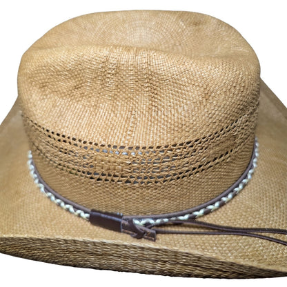 Tan Criss-Cross Band Cowboy Hat by Redneck Legends — top view of the caramel-tan cattleman crease crown with brown leather keeper and twin band tails