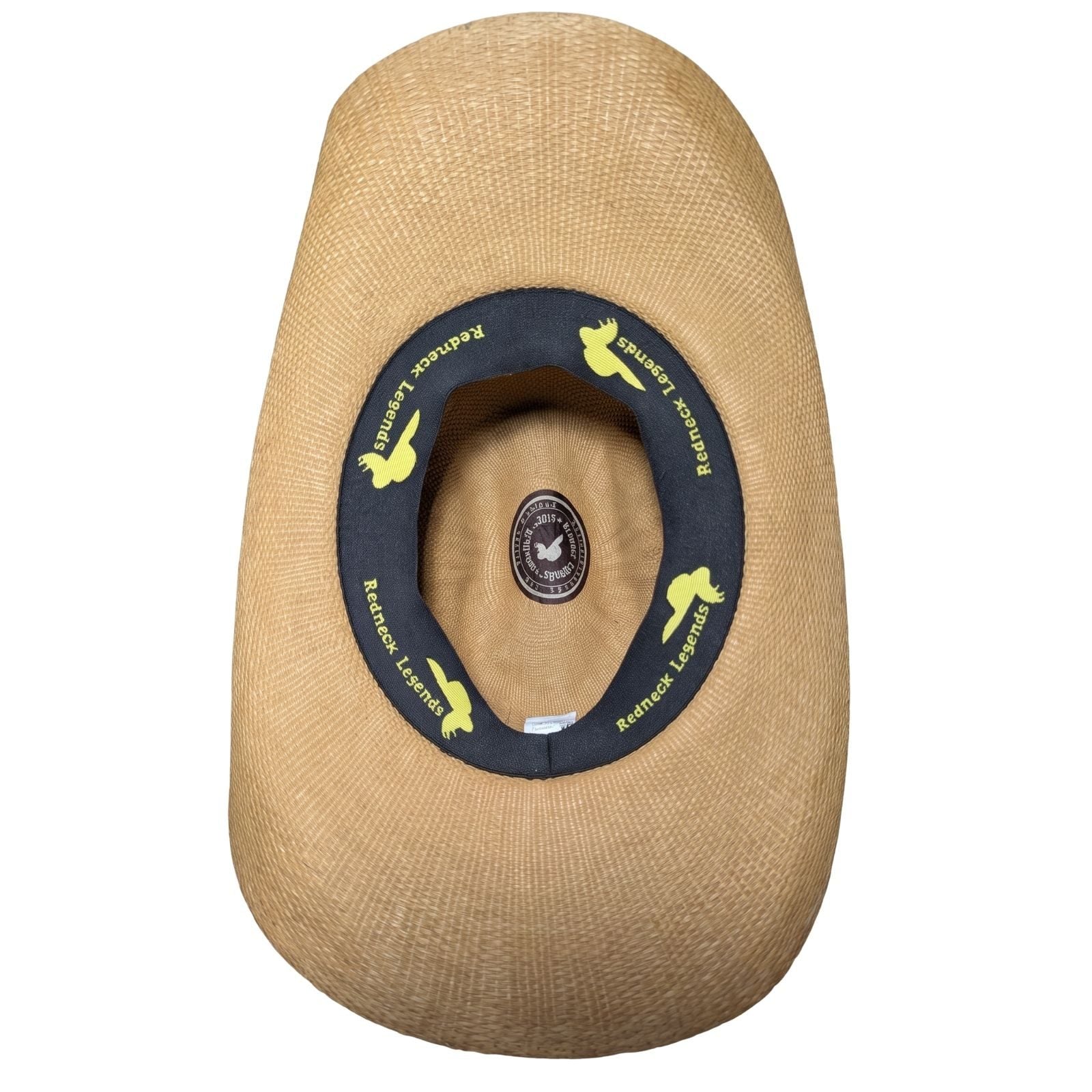 Tan Criss-Cross Band Cowboy Hat by Redneck Legends — interior view of the branded sweatband, one-size flex fit, 100% paper construction