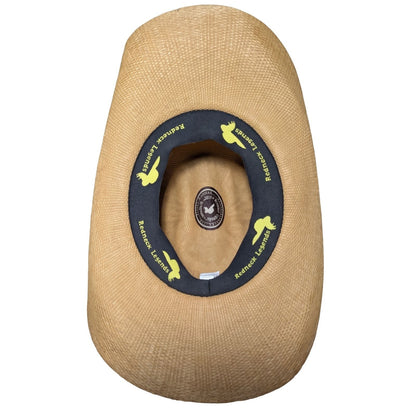 Tan Criss-Cross Band Cowboy Hat by Redneck Legends — interior view of the branded sweatband, one-size flex fit, 100% paper construction