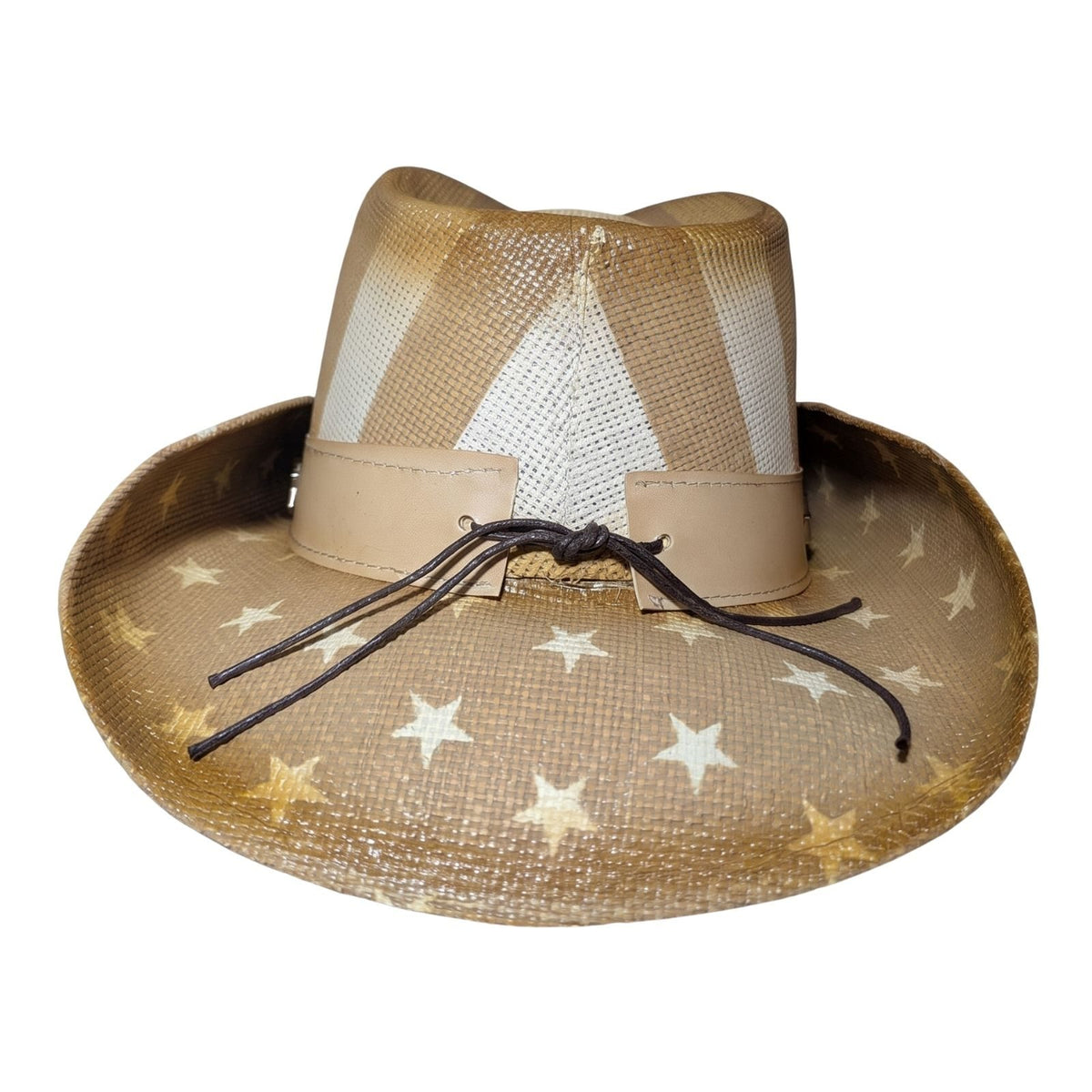 Tan Stars &amp; Stripes Cowboy Hat - back view with brown tie cord