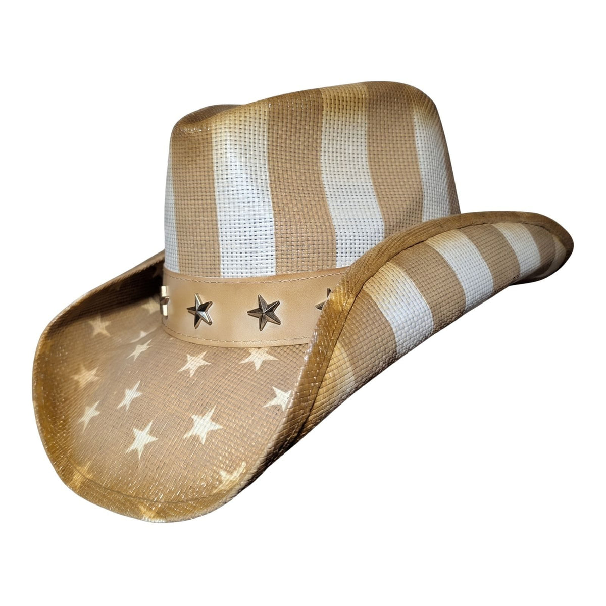 Tan Stars &amp; Stripes Cowboy Hat - side view showing striped crown, star-print brim, and tan band with five metal stars
