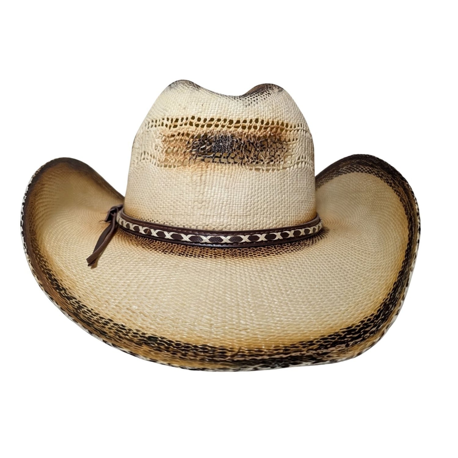 Toasted Criss-Cross Band Cowboy Hat by Redneck Legends — back view with leather band tie, vented crown panels, and toasted two-tone shading