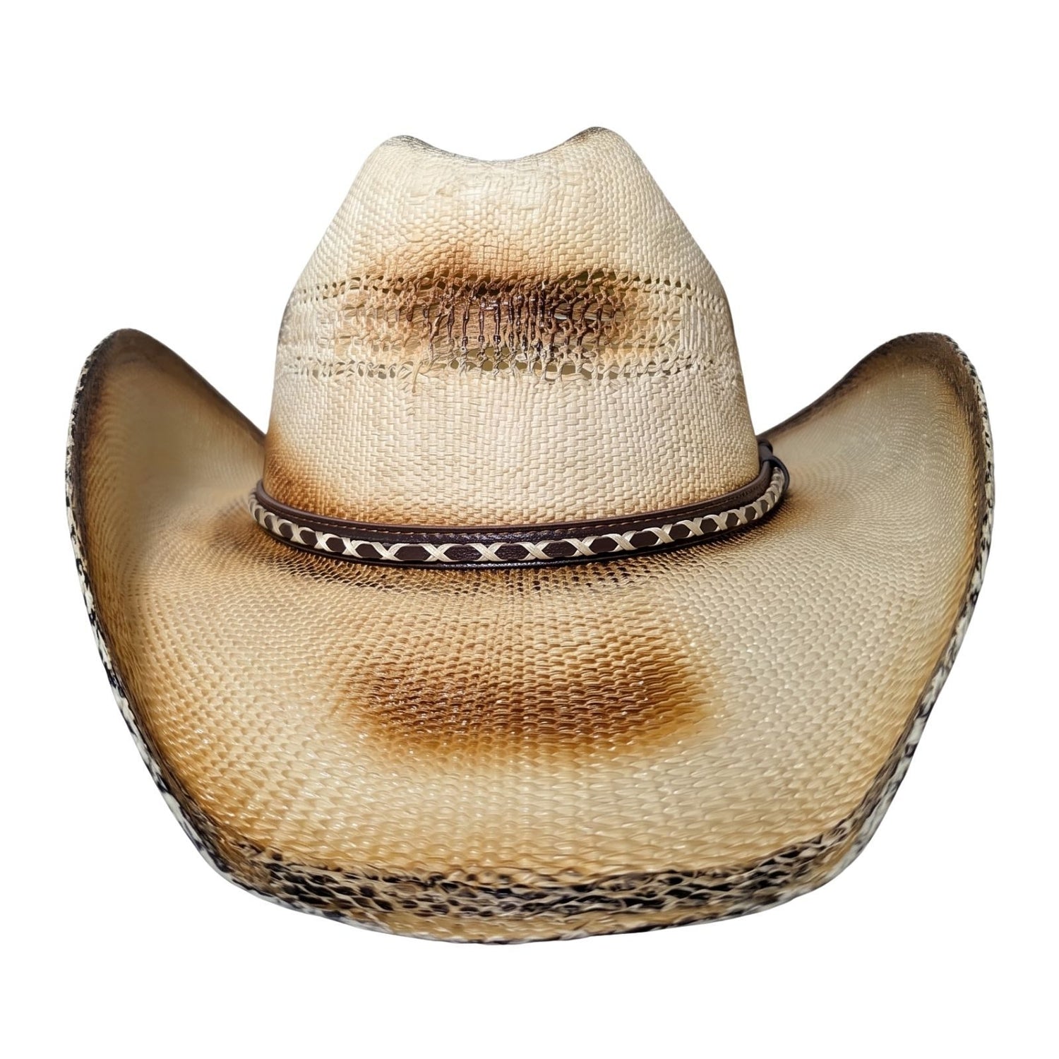 Toasted Criss-Cross Band Cowboy Hat by Redneck Legends — front view showing vented open-weave crown, scorched speckled brim edging, and cream criss-cross stitching on the brown leather band