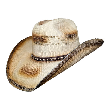 Toasted Criss-Cross Band Cowboy Hat by Redneck Legends — side view of cream woven straw with toasted brown shading, vented crown, and brown leather criss-cross band