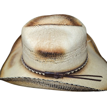 Toasted Criss-Cross Band Cowboy Hat by Redneck Legends — top view of the toasted cattleman crease crown with braided leather keeper and twin band tails
