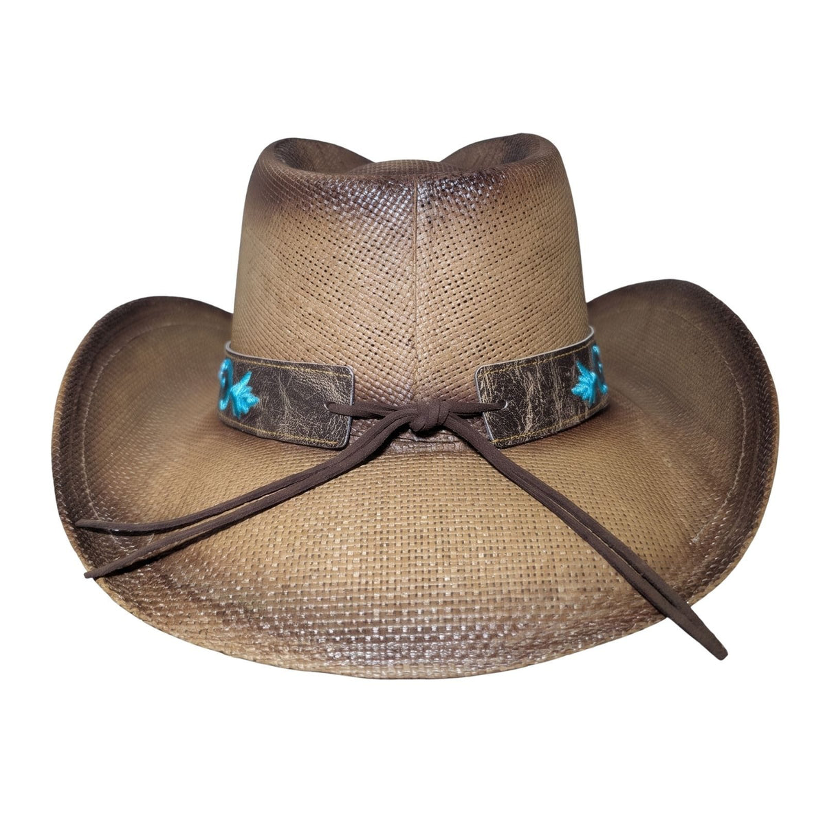 Turquoise Rose Concho Cowboy Hat - back view with brown suede tie cord