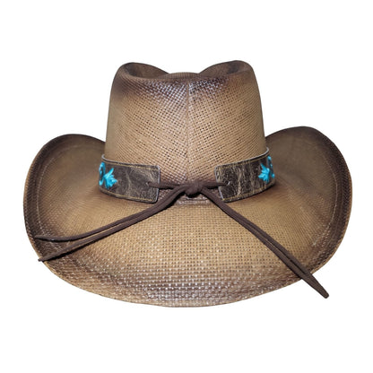 Turquoise Rose Concho Cowboy Hat - back view with brown suede tie cord