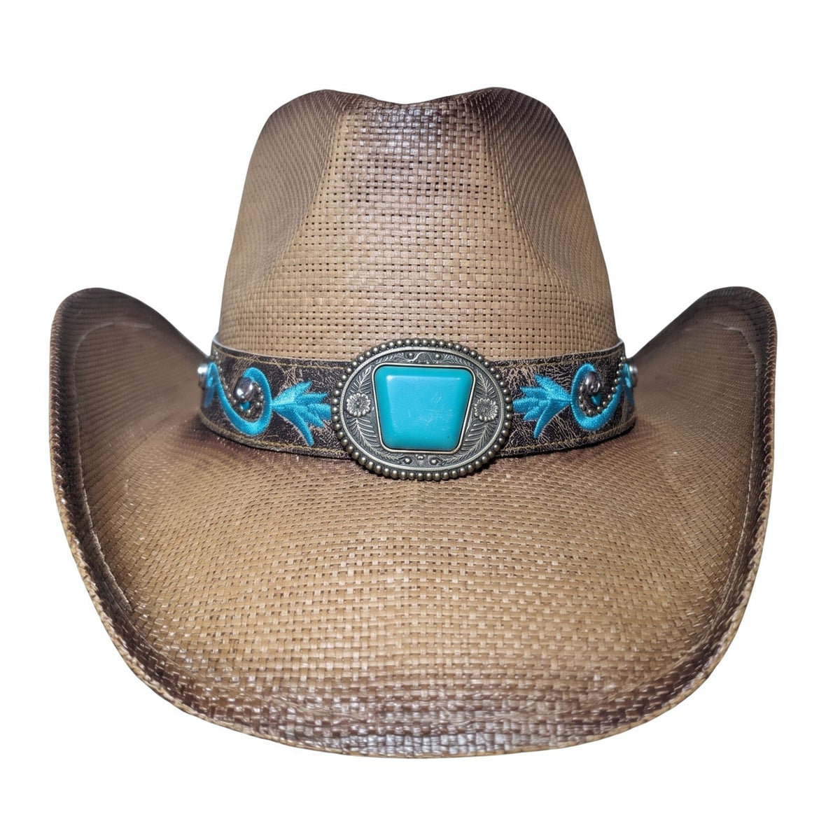 Turquoise Rose Concho Cowboy Hat - front view with turquoise stone concho on embroidered leather band