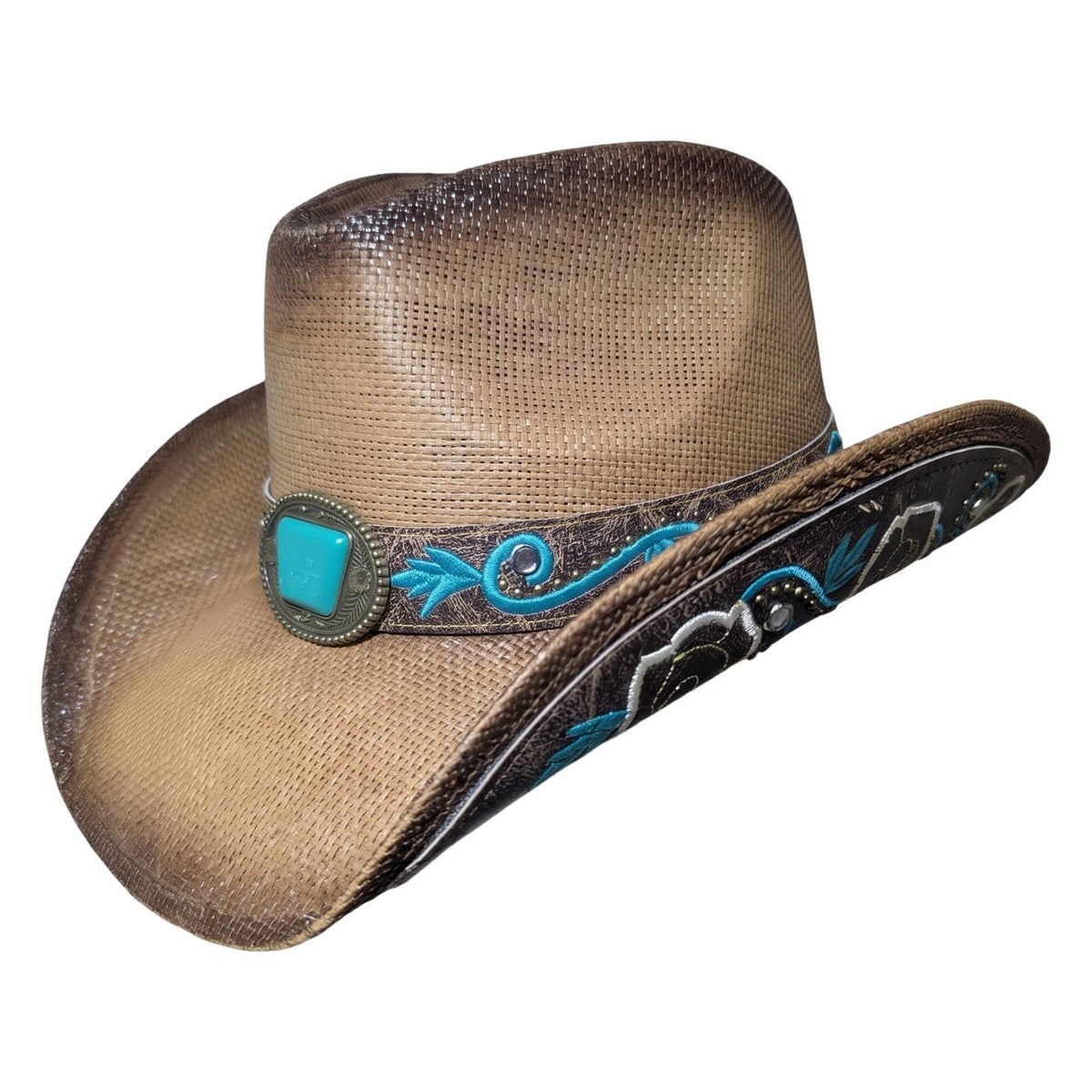 Turquoise Rose Concho Cowboy Hat - side view showing toasted brown straw, turquoise stone concho, and embroidered underbrim panel