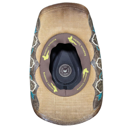 Turquoise Rose Concho Cowboy Hat - underneath view showing embroidered leather underbrim panels and Redneck Legends sweatband